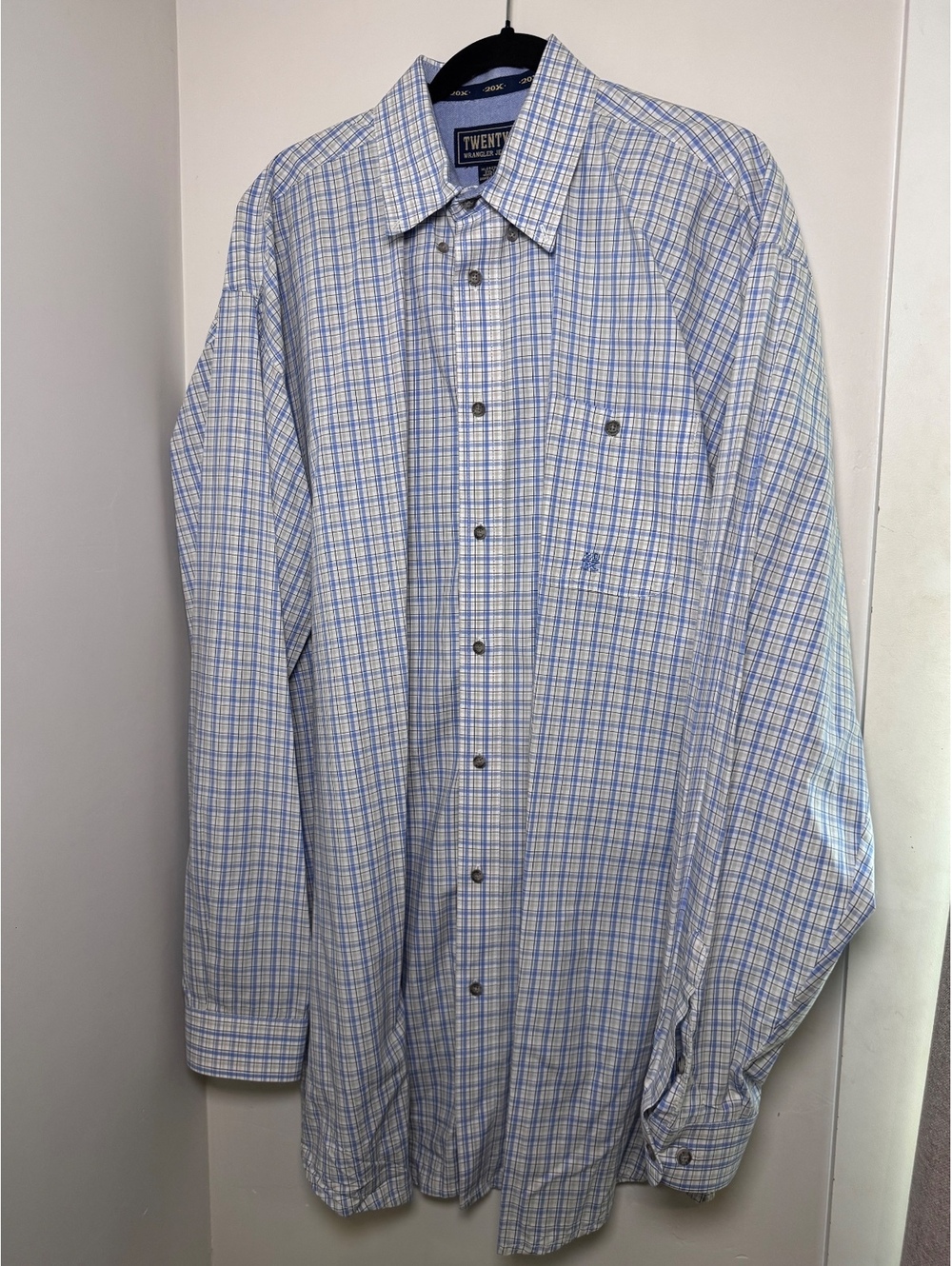 Wrangler 20X Men’s 2XLT Blue Plaid Western Button Down Shirt Big Tall Cowboy
